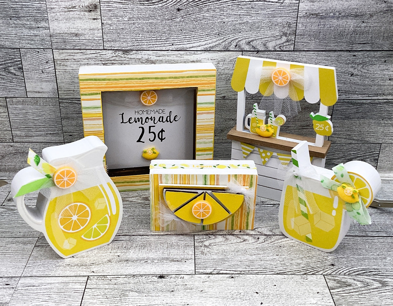 Summer Decor Lemon Lemonade Booth, Stand. Pitcher, Glass Tier Tray 5pc S