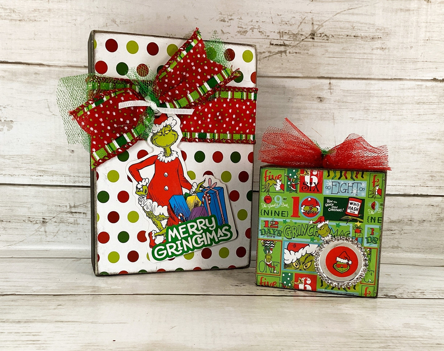 AGD Christmas Decor - Whimsy Green Monster Wood Gift Box Signs 2pc