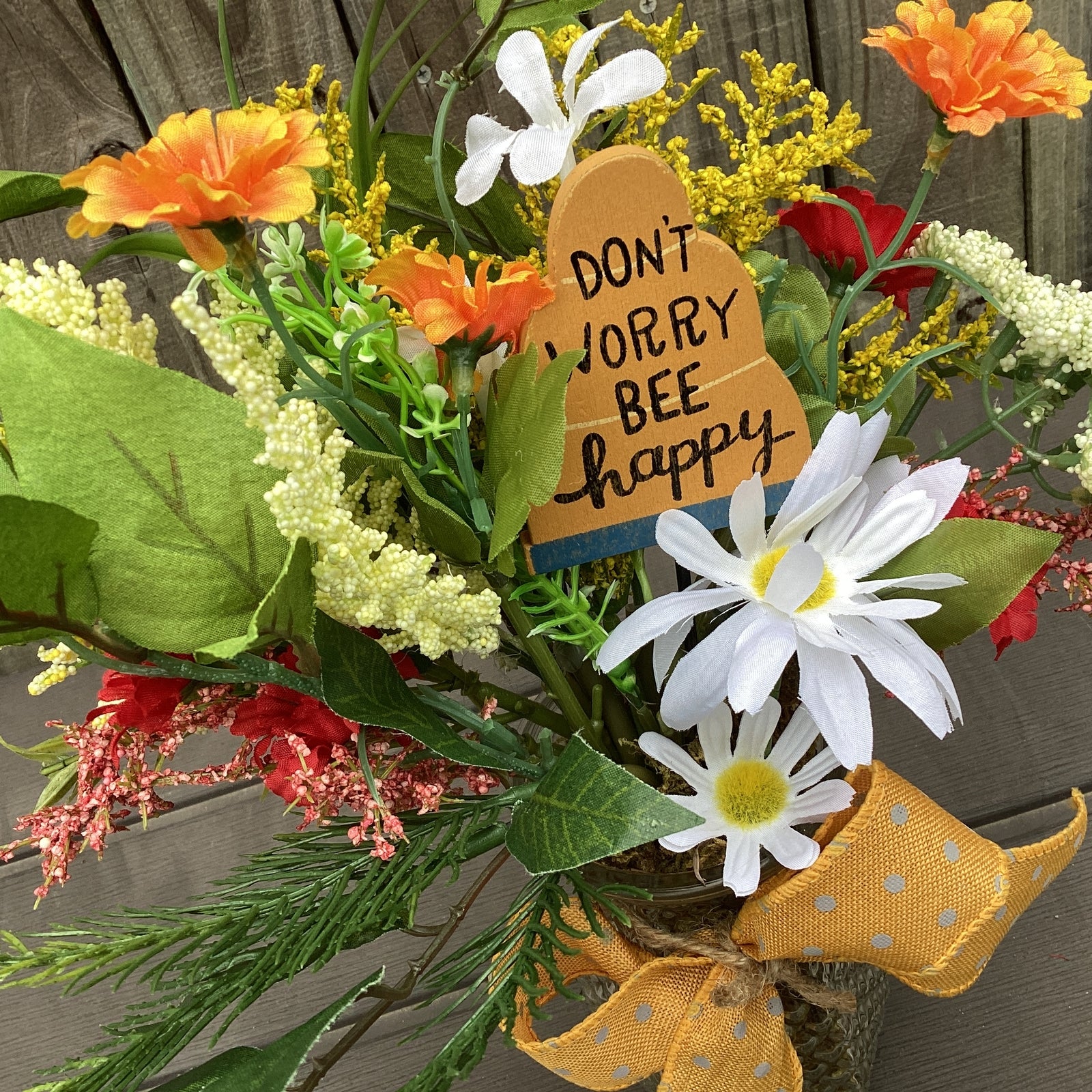 AGD  Spring Decor -Summer Flowers Bee Happy Floral Galvanized Metal Display