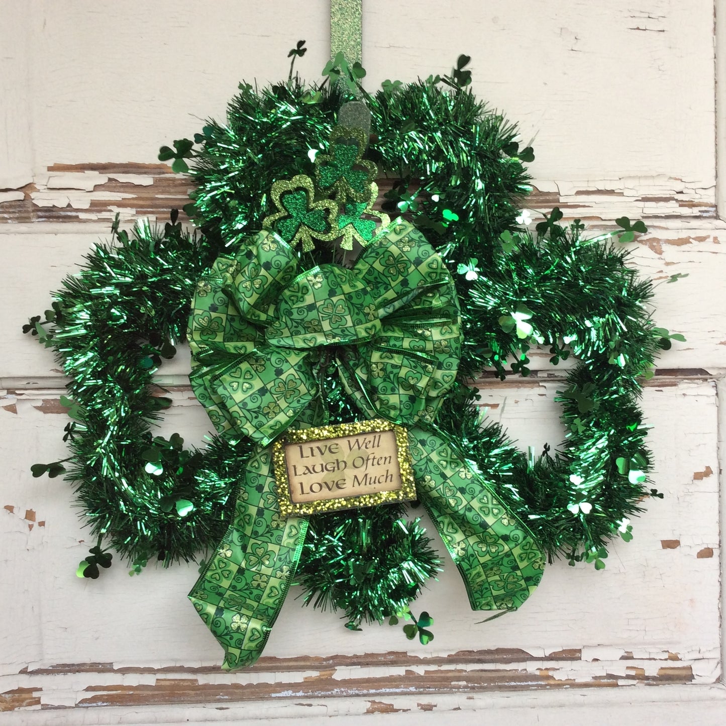 AGD St Patrick's Day Decor - Green Tinsel Shamrock Live Love Laugh Wreath