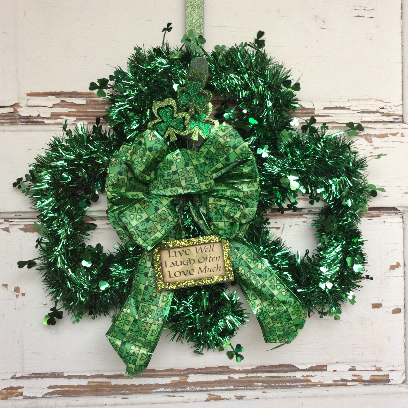 AGD St Patrick's Day Decor - Green Tinsel Shamrock Live Love Laugh Wreath