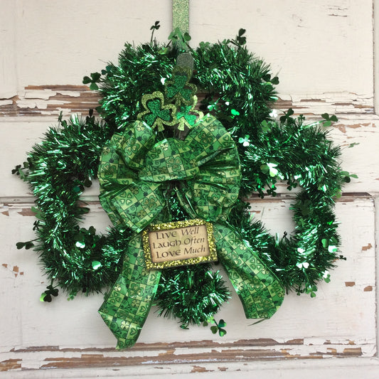 AGD St Patrick's Day Decor - Green Tinsel Shamrock Live Love Laugh Wreath