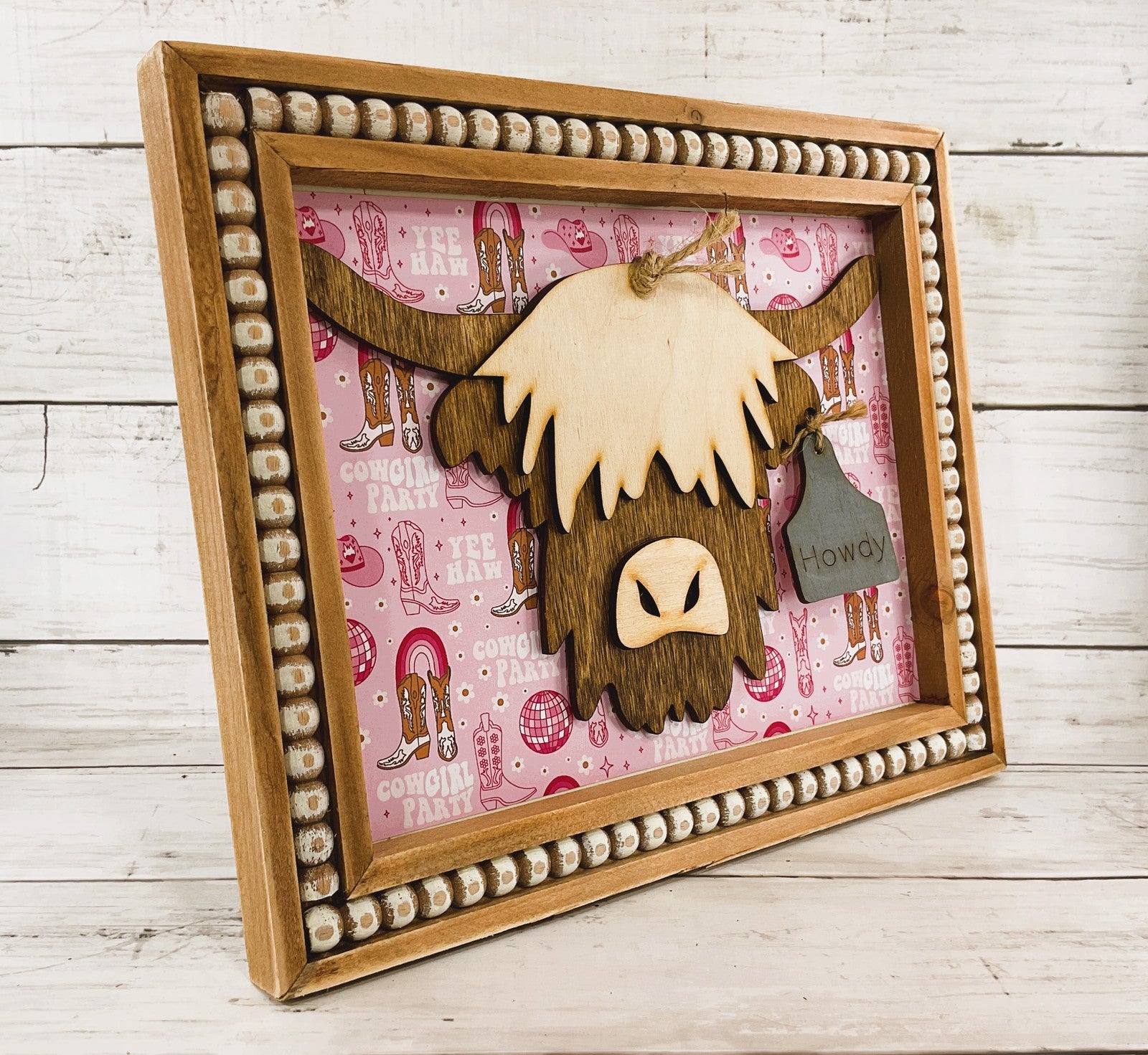 AGD Home Decor - Pink Cowgirl Howdy Highland Cow Head Easel-back Sign