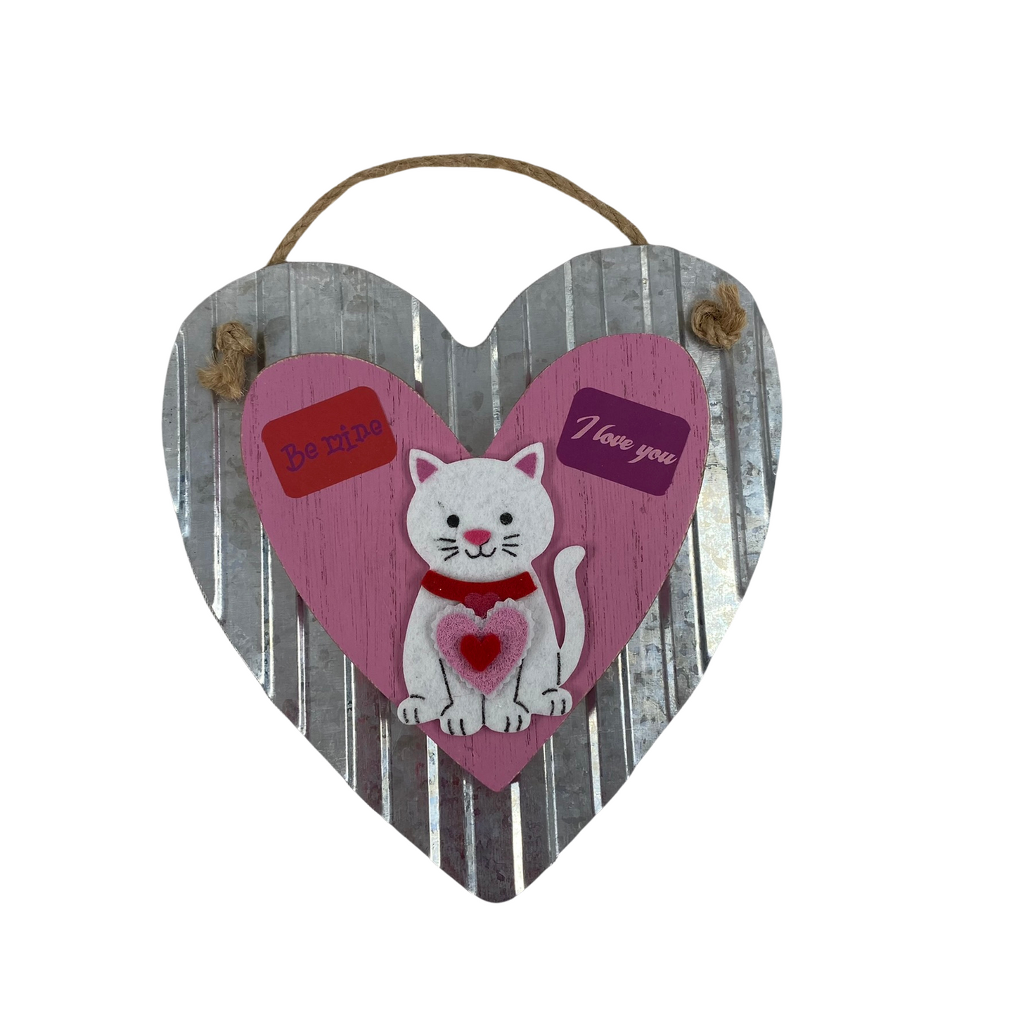 AGD Valentines Decor - Be Mine I Love You Cat Tin Wood Heart Ornament