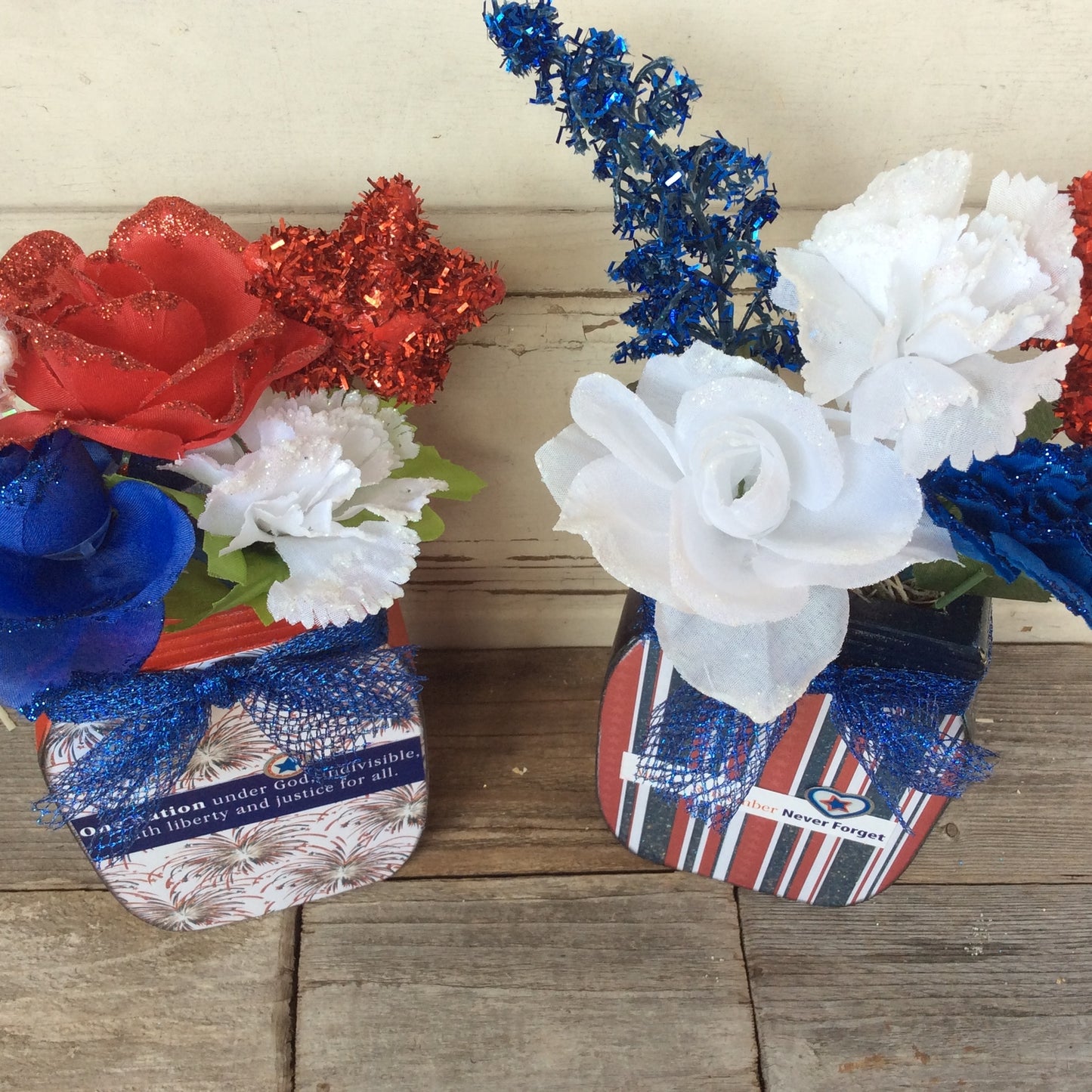 AGD Patriotic Decor - One Nation Sept 11th Floral Wood Mason Jar 2pc Set