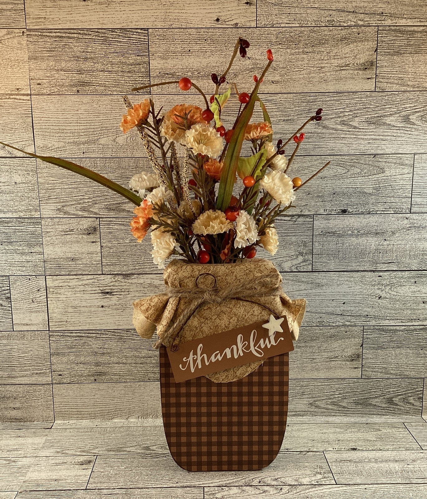 AGD Fall Decor - Autumn Grateful Thankful Floral Wood Mason Jar Display