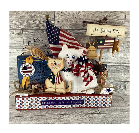 AGD  Patriotic Decor - Chunky Wood July 4th Cat Veterans Flag Collage