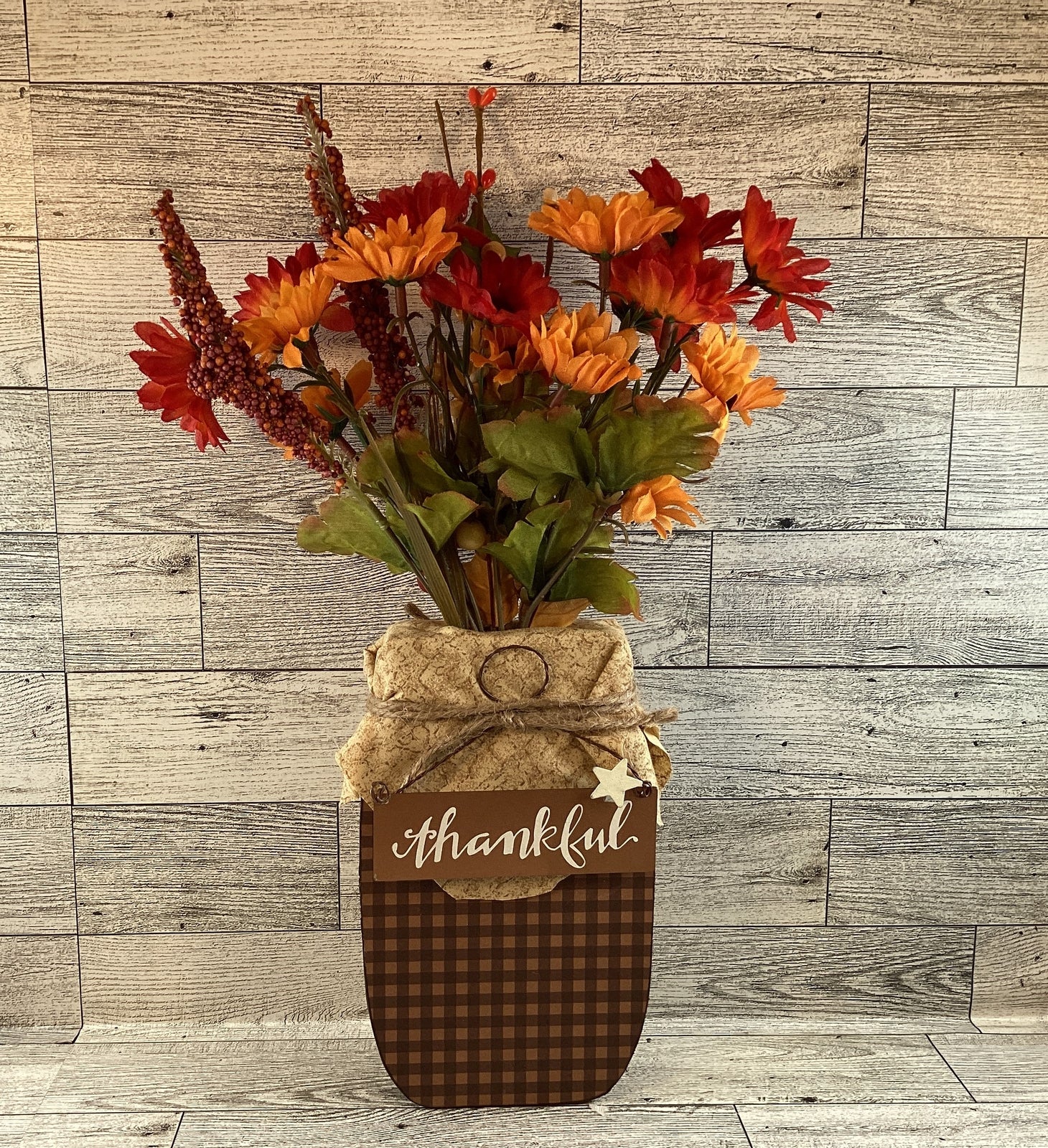 AGD Fall Decor - Autumn Grateful Thankful Floral Wood Mason Jar Display