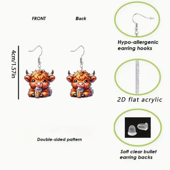 TM Jewelry - Highland Cow Latte Coffee Earrings