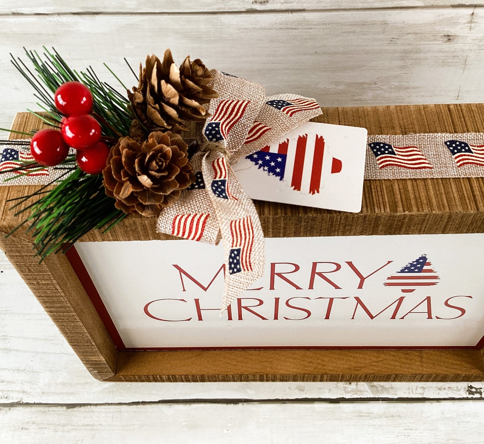 AGD Christmas Decor - American Patriotic Red White Blue Theme Inset Box Sign