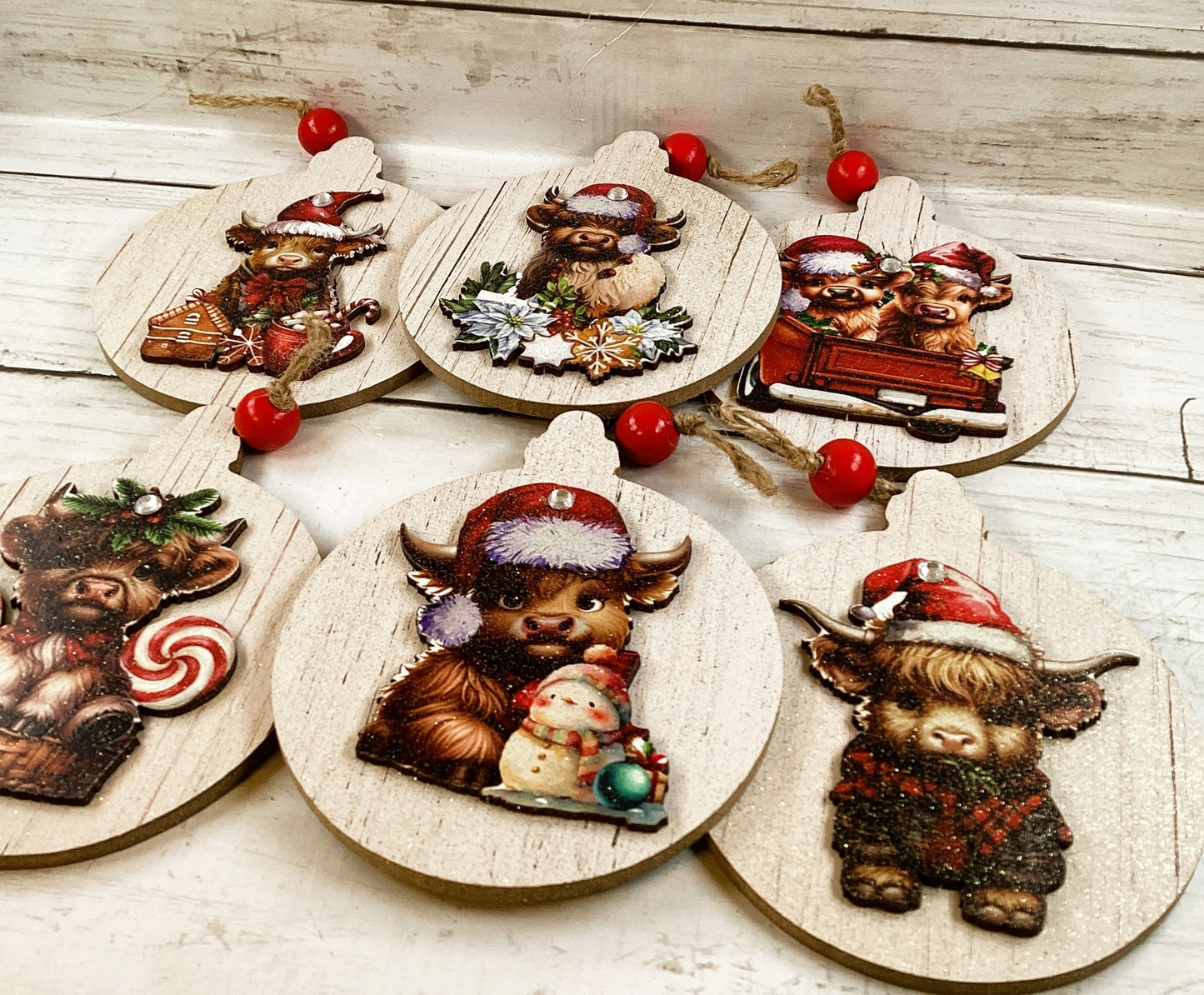 AGD Christmas Decor - Highland Scottish Cute Cow 3-D Ornaments 6pc Set