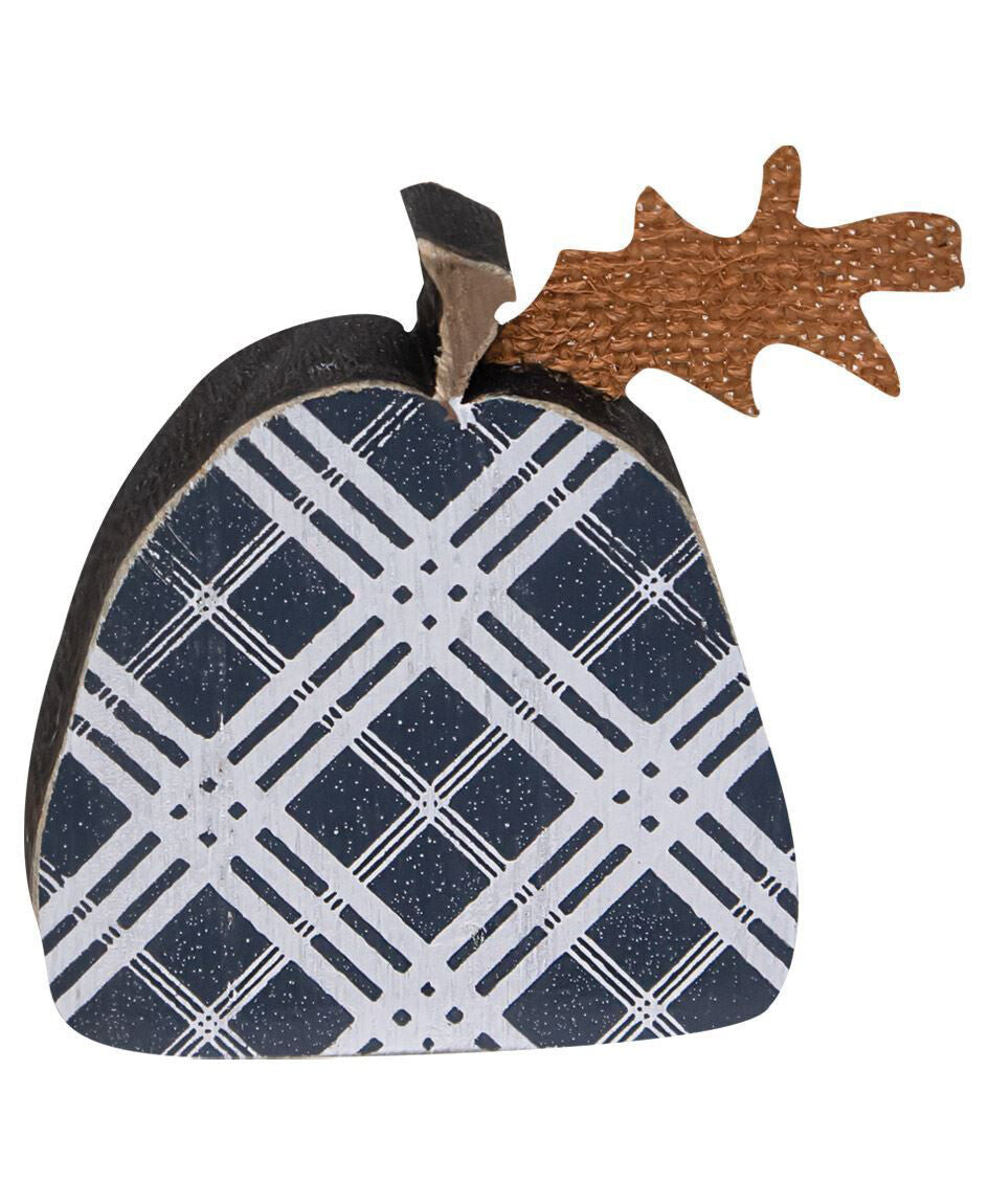 CH Fall Decor - Small Prim Black Plaid Wood Pumpkin Sitters 2pc