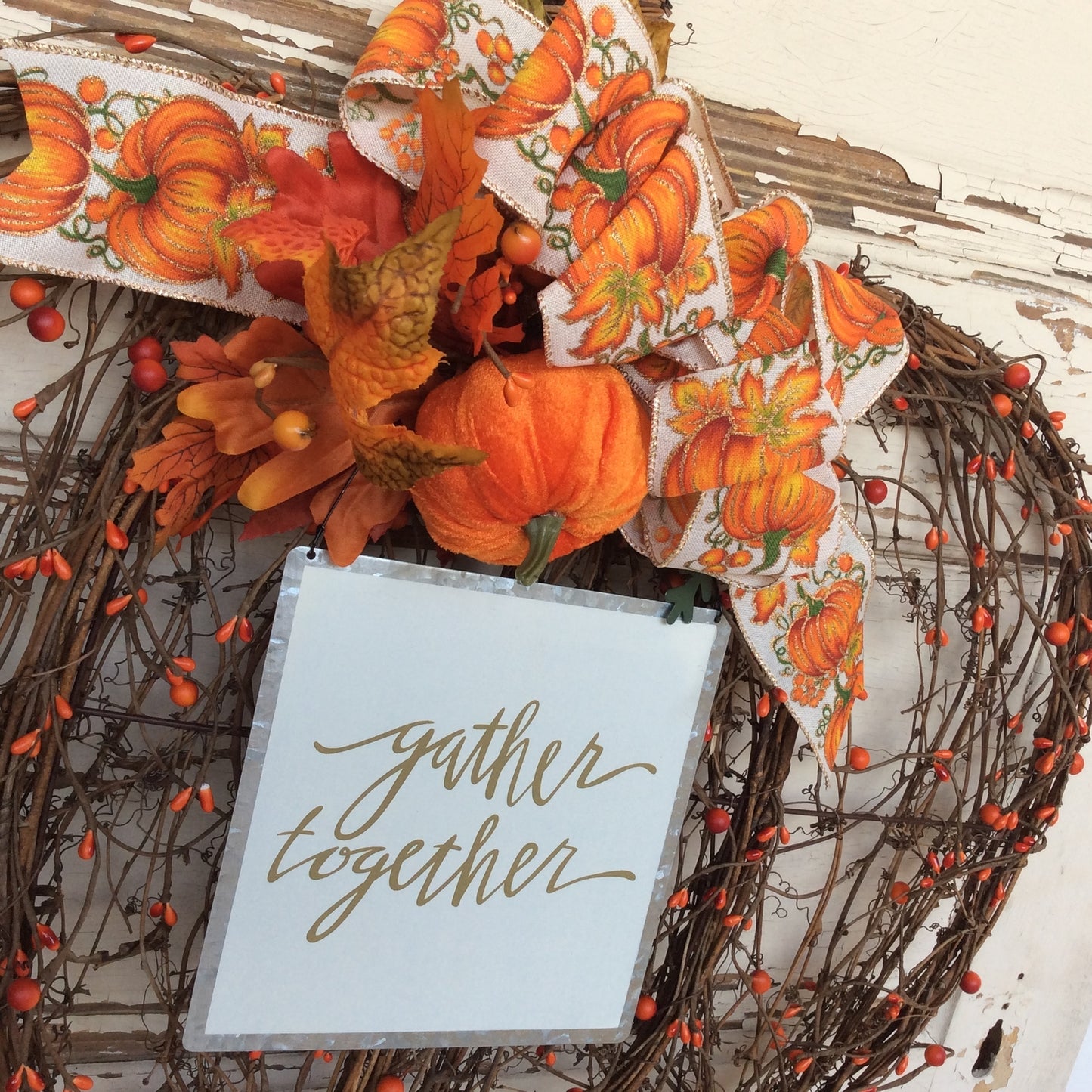 AGD Fall Decor - Flat Grapevine Pumpkin Gather Together XX Large Wreath