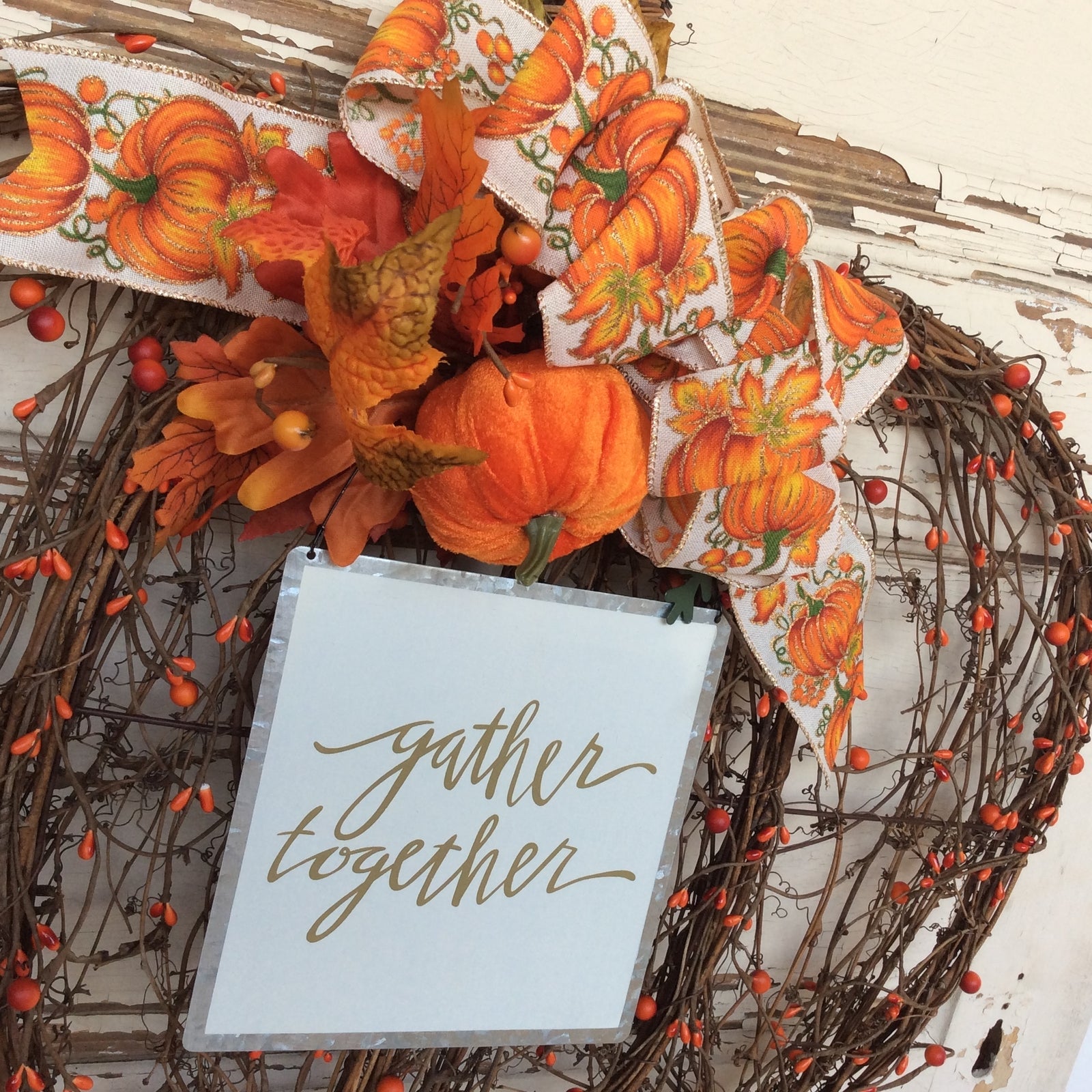 AGD Fall Decor - Flat Grapevine Pumpkin Gather Together XX Large Wreath