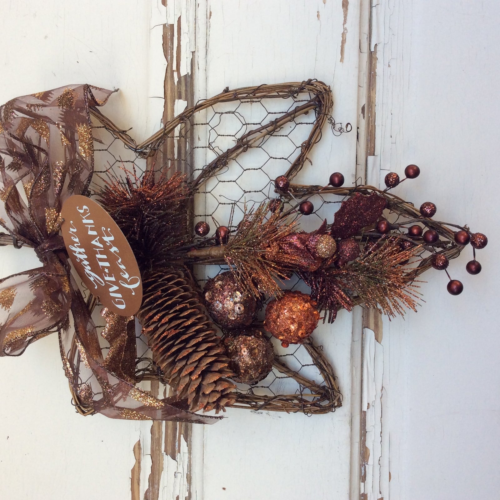 AG Designs Fall Harvest Decor – Give Thanks Bronze Glitter Grapevine Maple Leaf