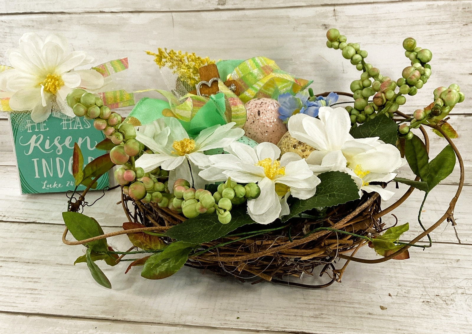 AGD Easter Spring Decor - He Has Risen Floral Birds Nest Display