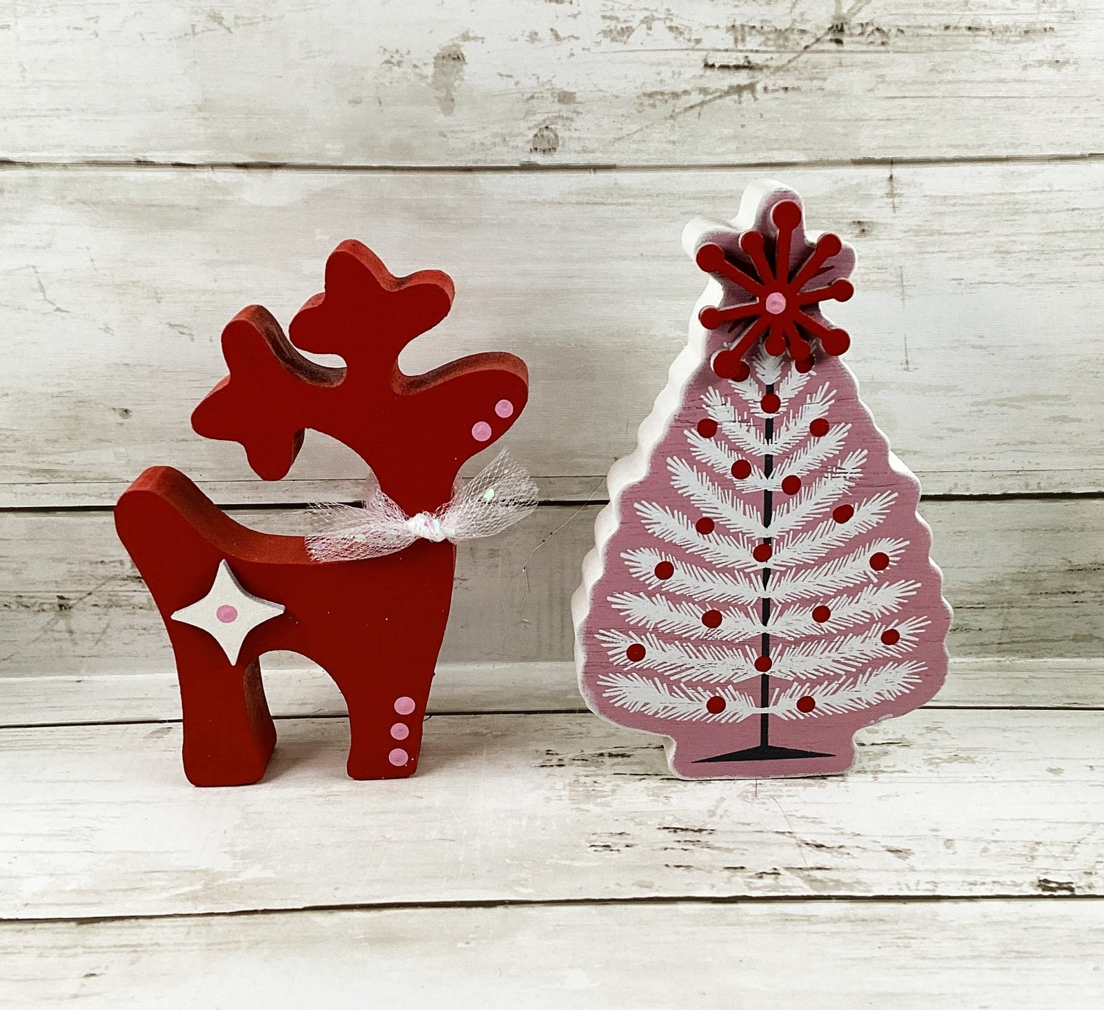 AGD Christmas Decor - Pink Red Mid Century Tree SM Reindeer Display 2pc