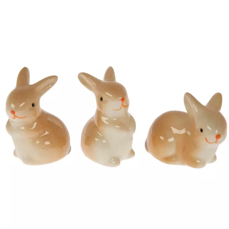 HL Easter Decor - Mini Ceramic Brown Bunny Rabbit 3pc Set