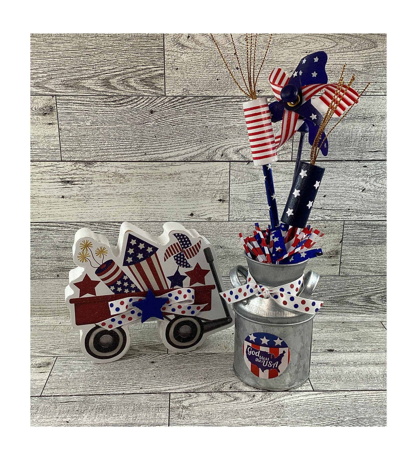 AGD Patriotic Decor - Chunky Wagon Firecrackers Metal Milk Can 2pc Set