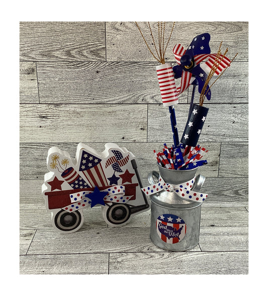 AGD Patriotic Decor - Chunky Wagon Firecrackers Metal Milk Can 2pc Set