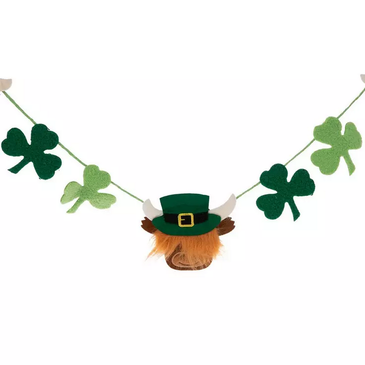 HL St Patricks Day Decor  - Highland Cow Shamrock Felt Garland 4.5ft