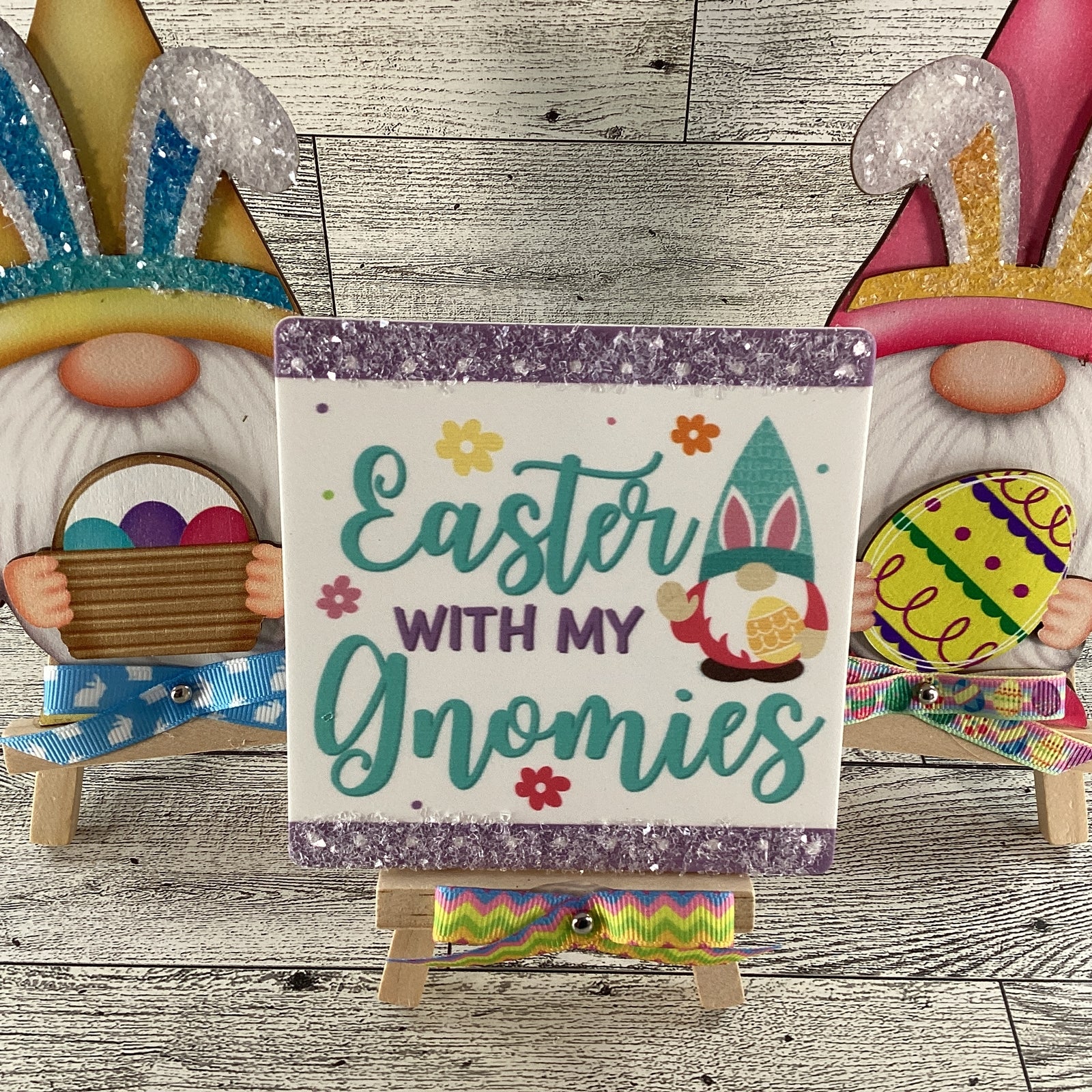 AGD Easter Decor - Wood Gnome Glitter Bunny Rabbit Tier Tray 3pc Set