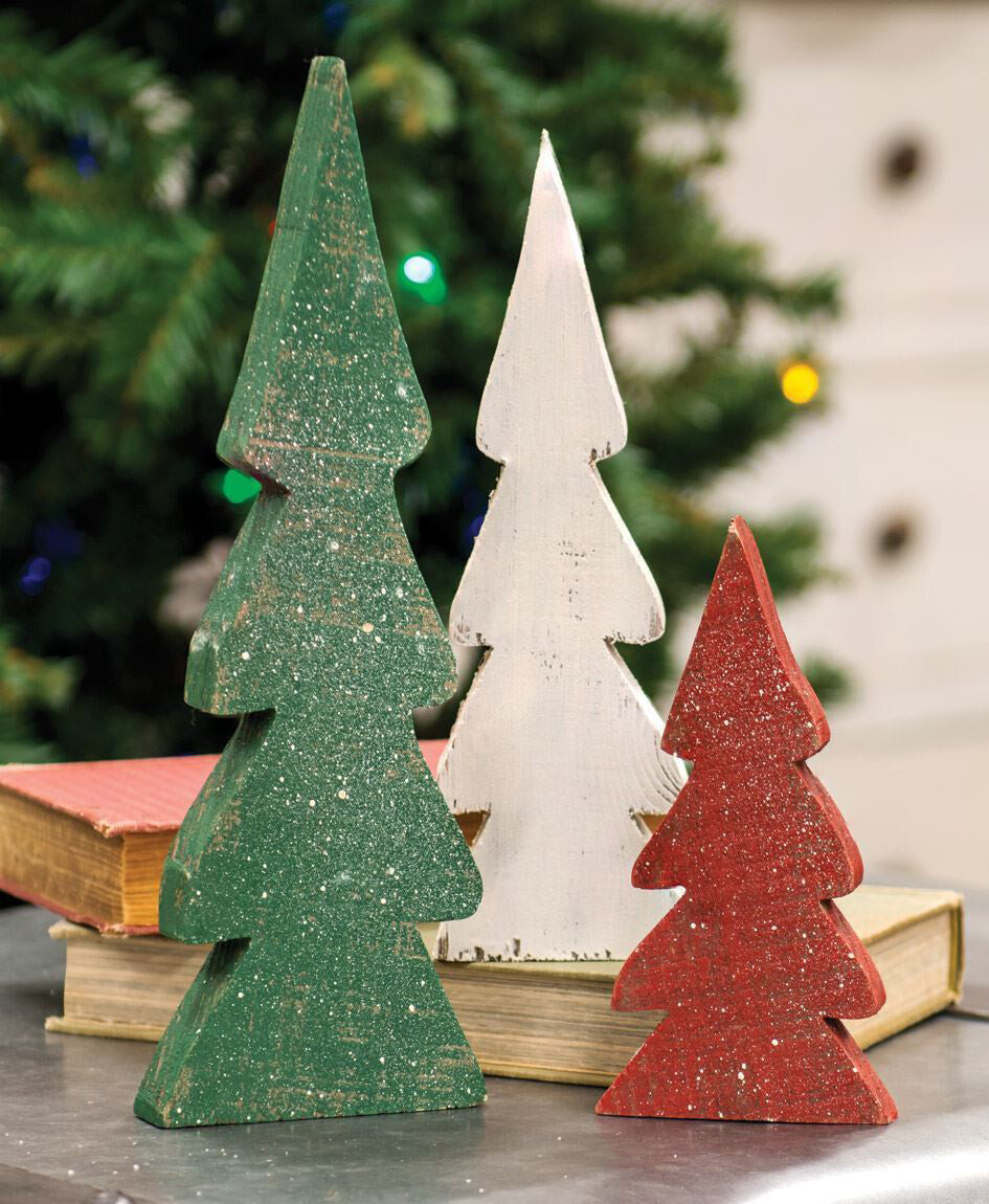 CWI Christmas Decor - Prim Chunky Wood Tabletop Trees 3pc Set