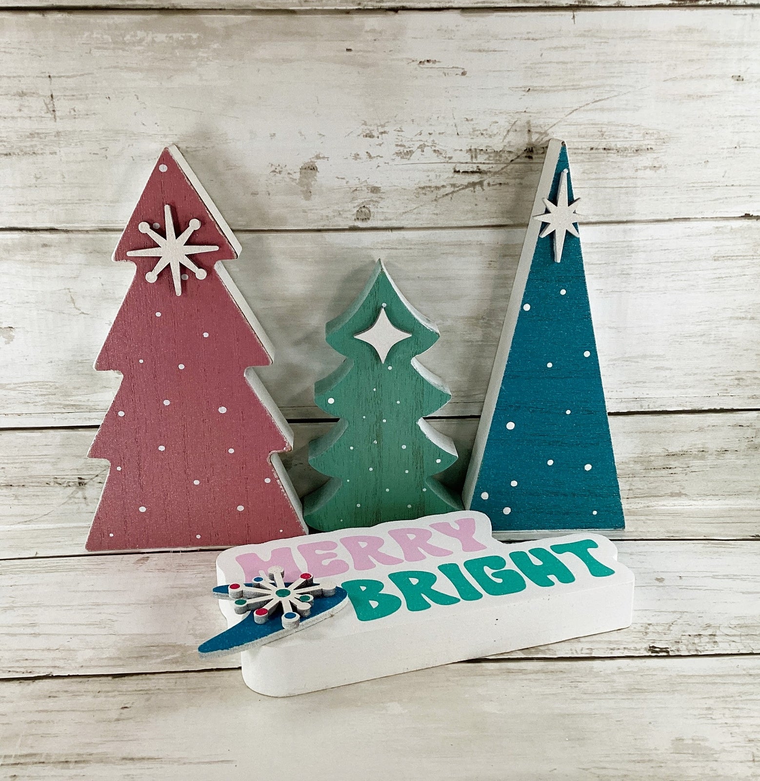 AGD Christmas Decor - Merry Retro Mid Century Wood Trees Tier Tray 4pc Set