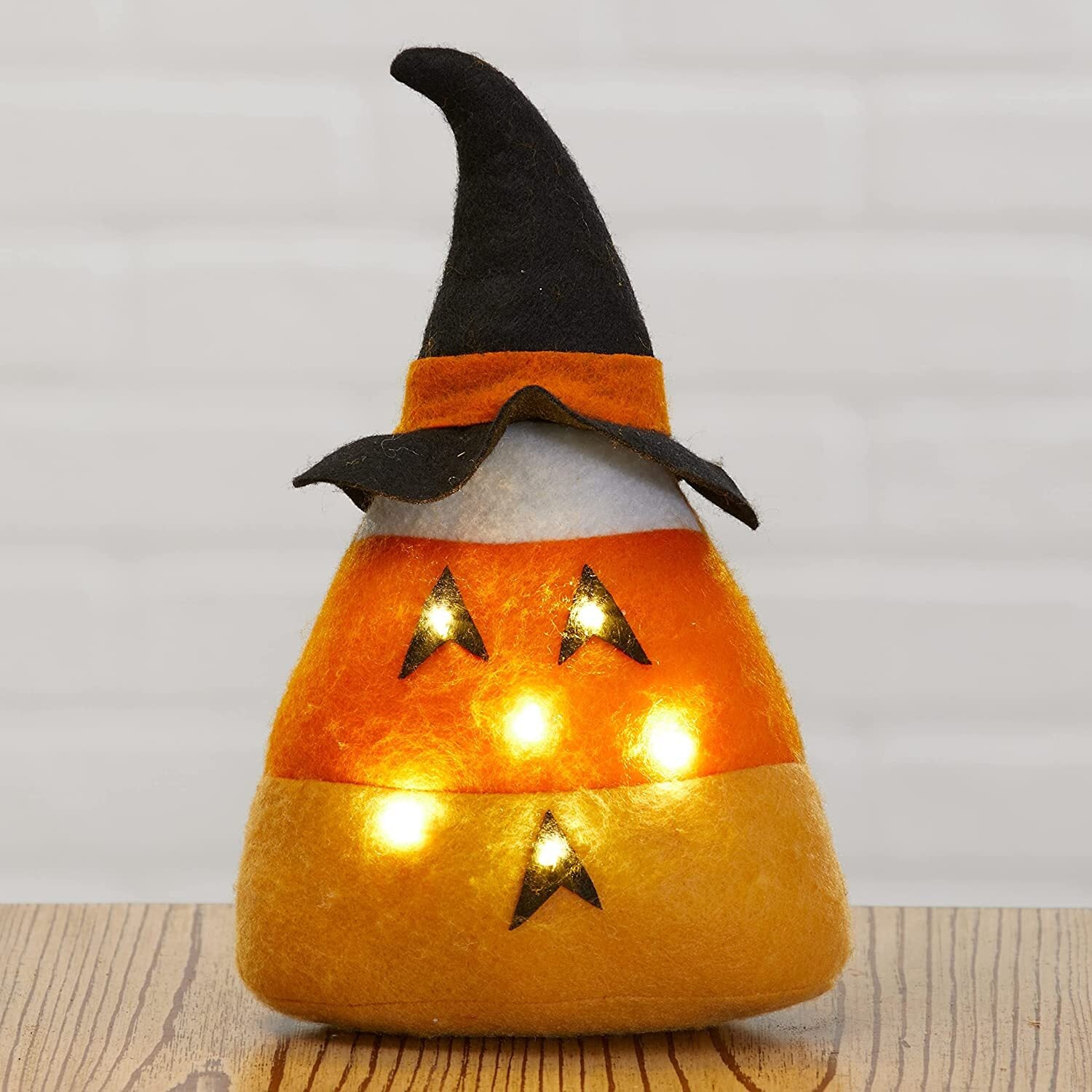 LC Halloween Decor -B/O Lighted Felt Candy Corn Witch Plush Sitter