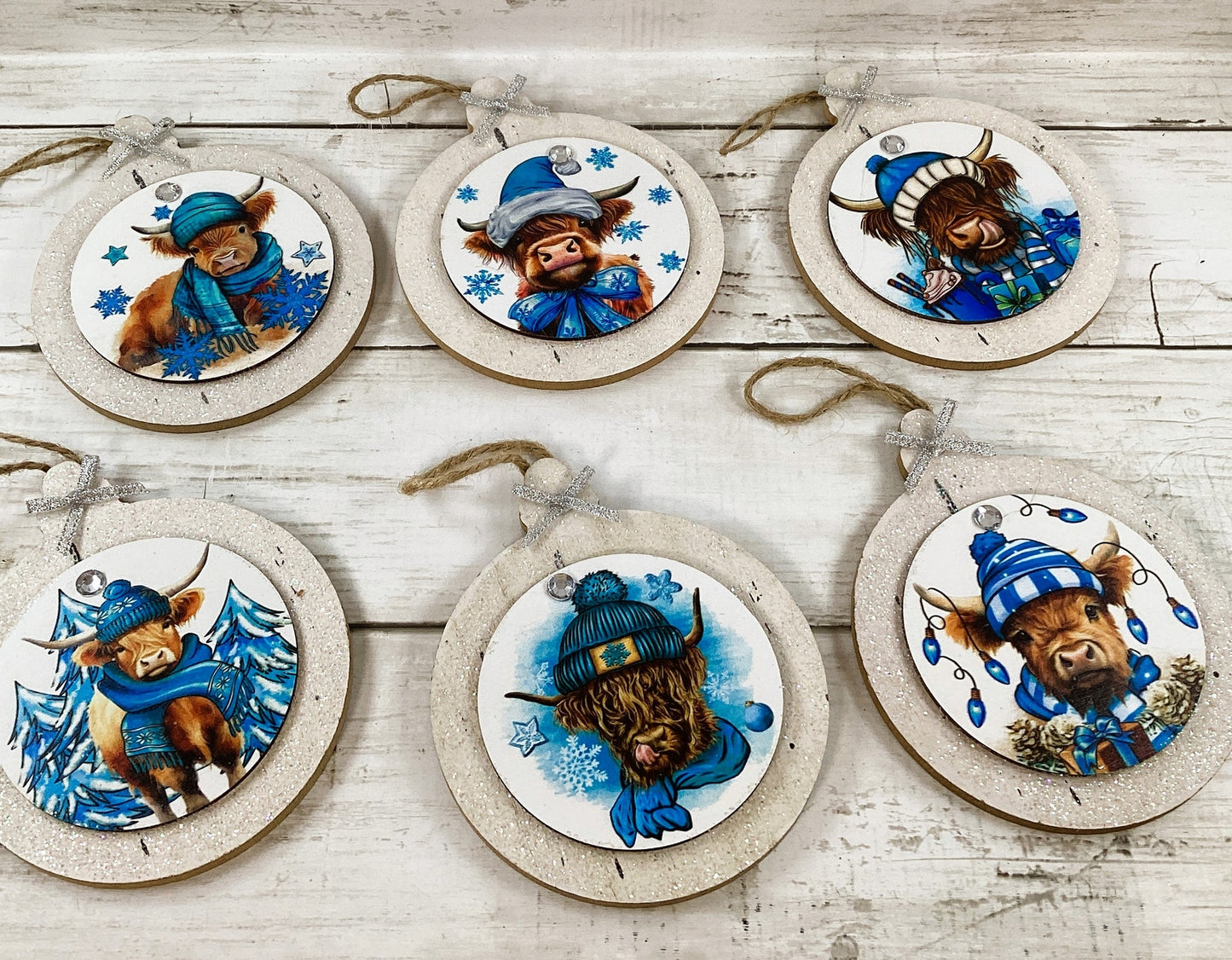 AGD Christmas Decor -  Blue Highland Scottish Cow Ornaments 4pc Set