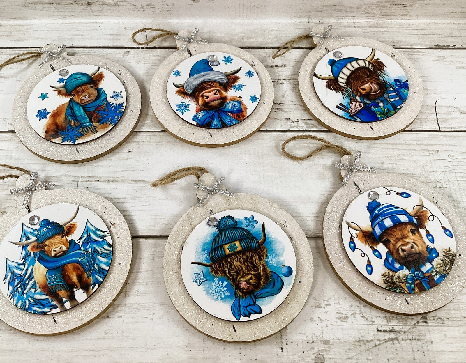 AGD Christmas Decor -  Blue Highland Scottish Cow Ornaments 4pc Set