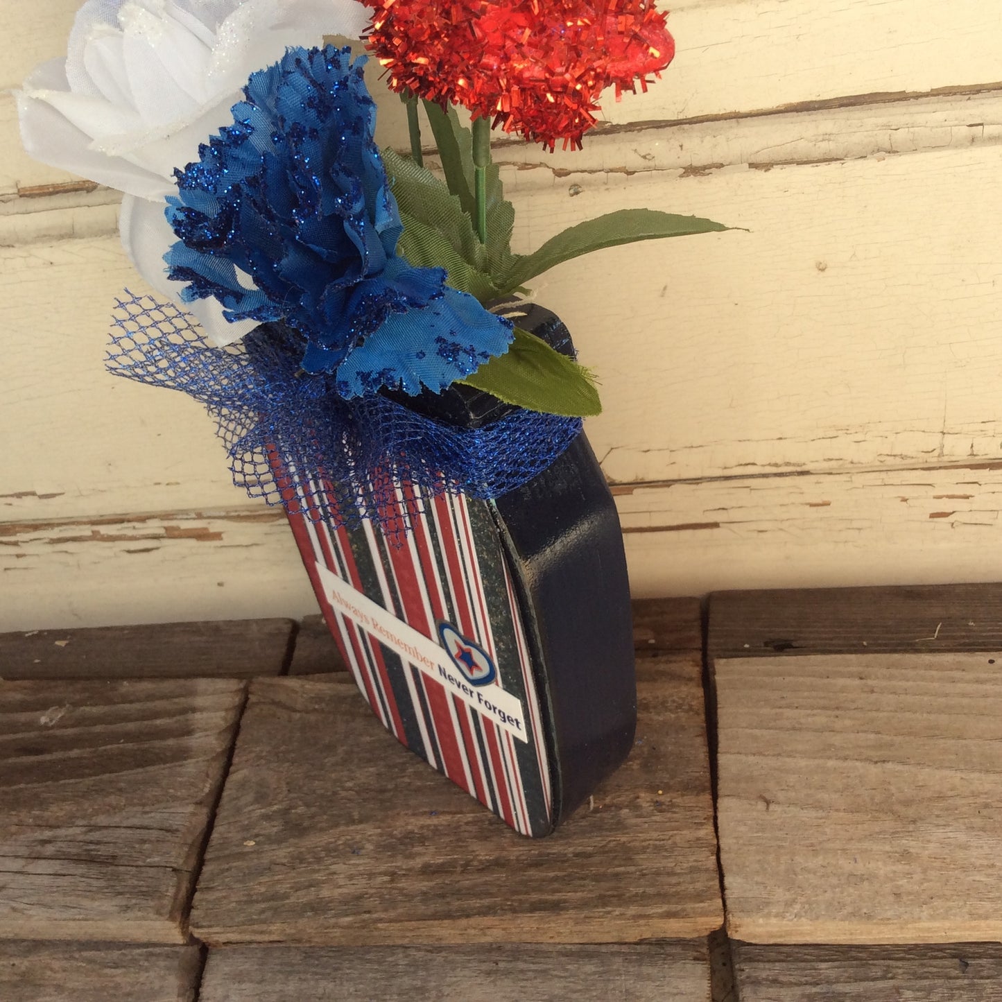 AGD Patriotic Decor - Always Remember 911 Floral Wood Mason Jar Display