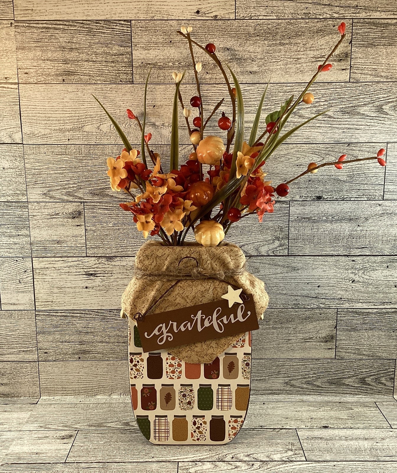 AGD Fall Decor - Autumn Grateful Thankful Floral Wood Mason Jar Display
