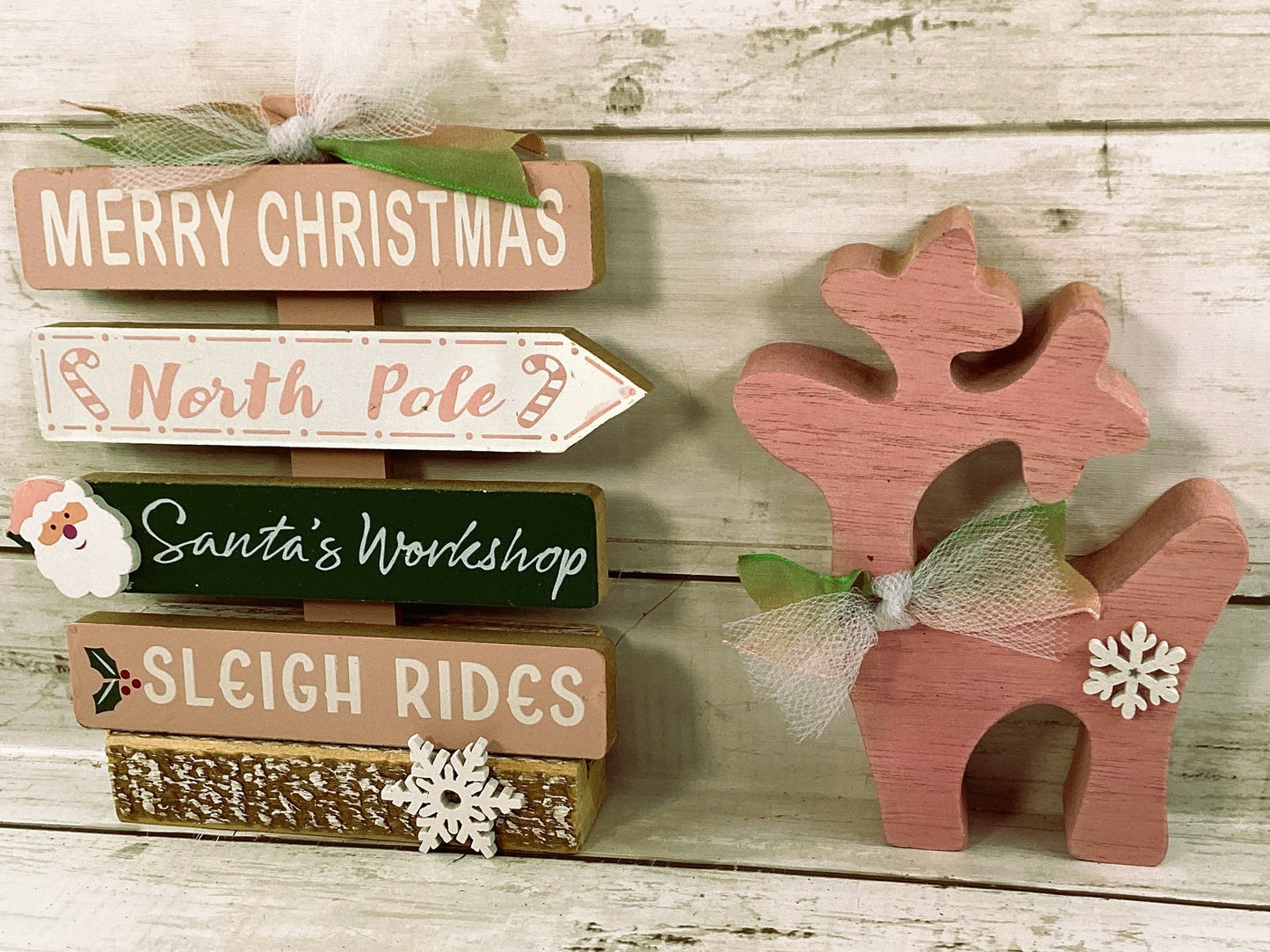 AGD Christmas Decor - Retro Pink Green Reindeer Directional Sign 2pc
