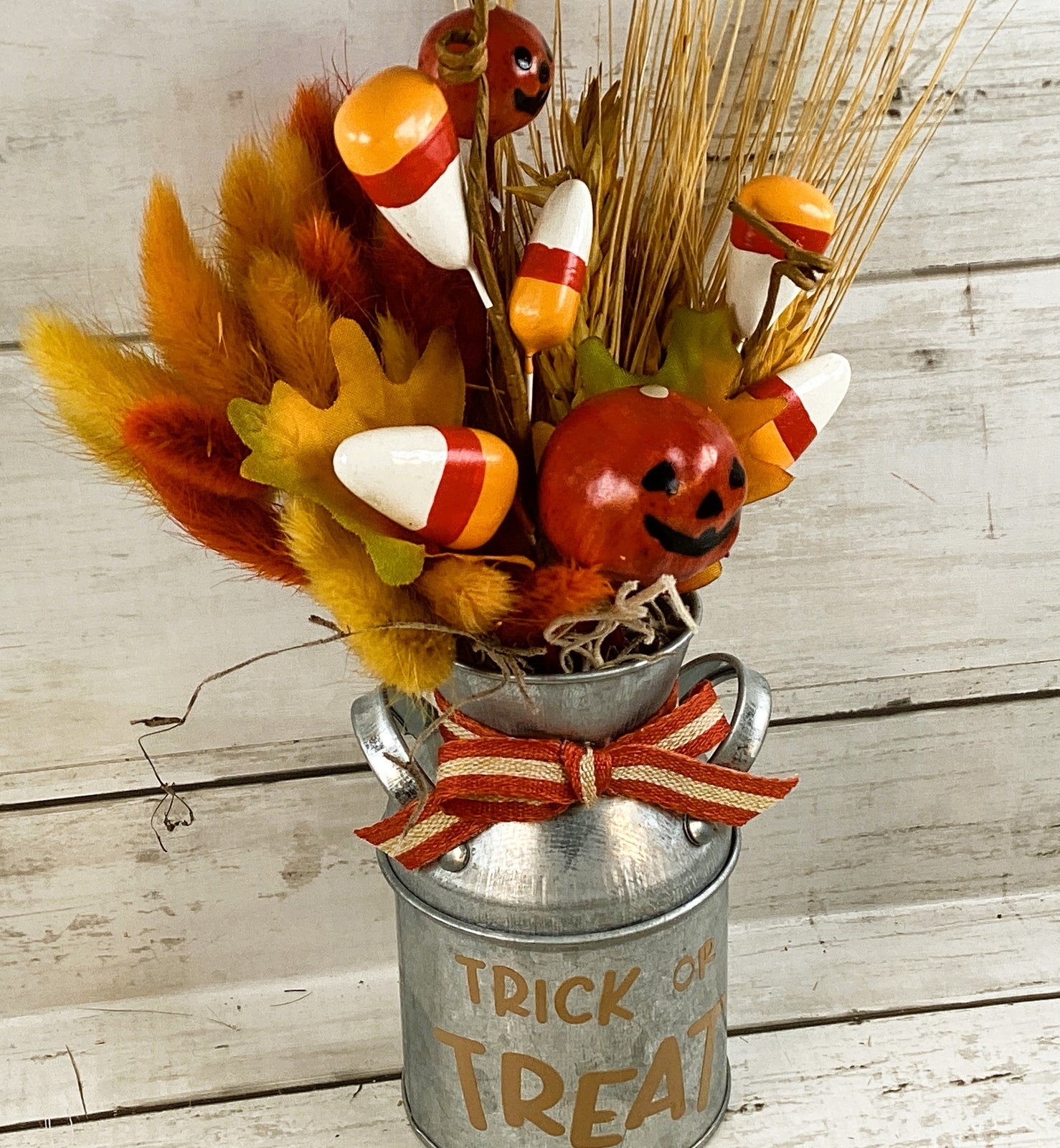 AGD Fall Decor - Trick Treat Candy Corn Galvanized Metal Floral Milk Can