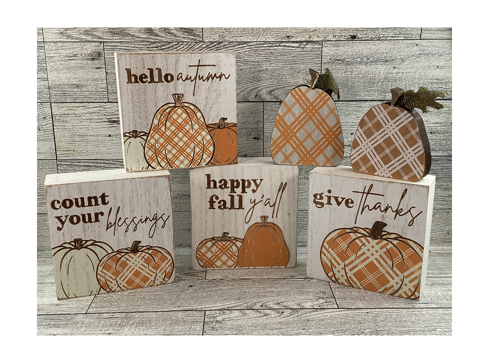 Fall Decor - Chunky Wood Watercolor Plaid Pumpkin and Signs 6pc Set