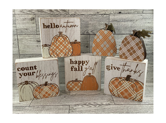 Fall Decor - Chunky Wood Watercolor Plaid Pumpkin and Signs 6pc Set