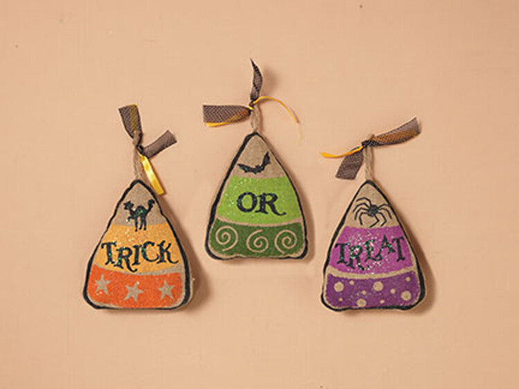 Gerson Halloween Decor - Trick Or Treat Burlap Candy Corn Ornaments 3pc Set