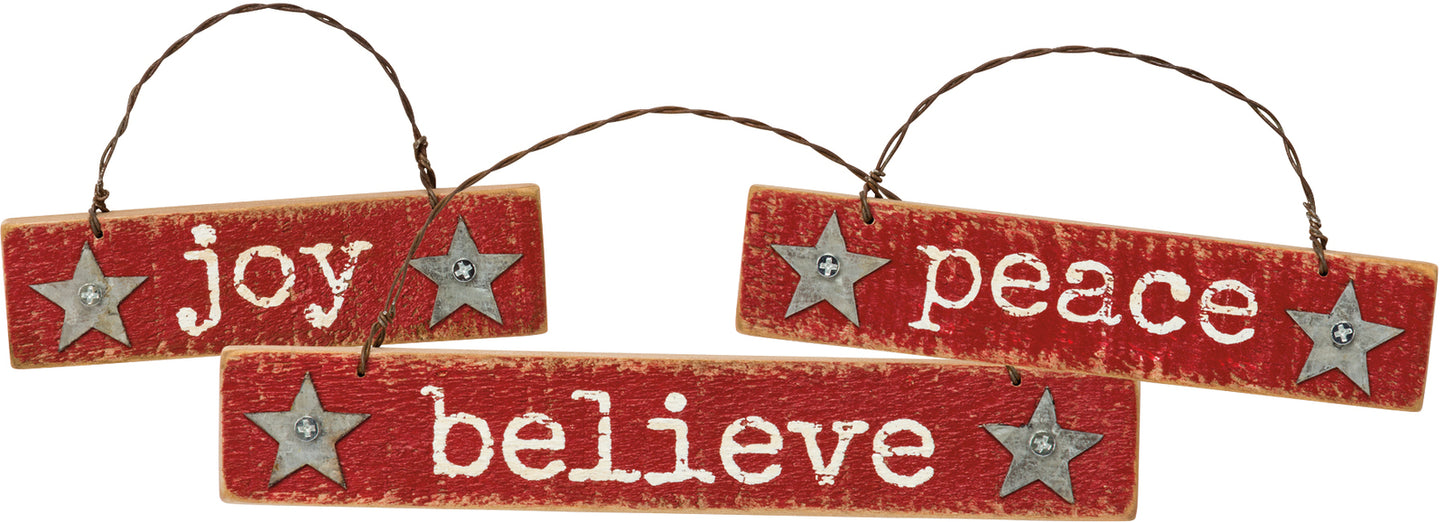 PBK Christmas Decor - Peace Joy Believe Prim Ornaments #34909