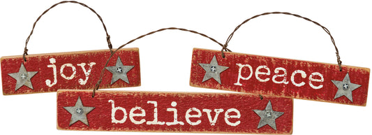 PBK Christmas Decor - Peace Joy Believe Prim Ornaments #34909