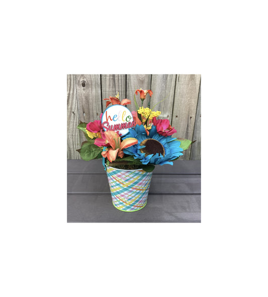 AGD Summer Decor - Hello Summer Plaid Tin Floral Display