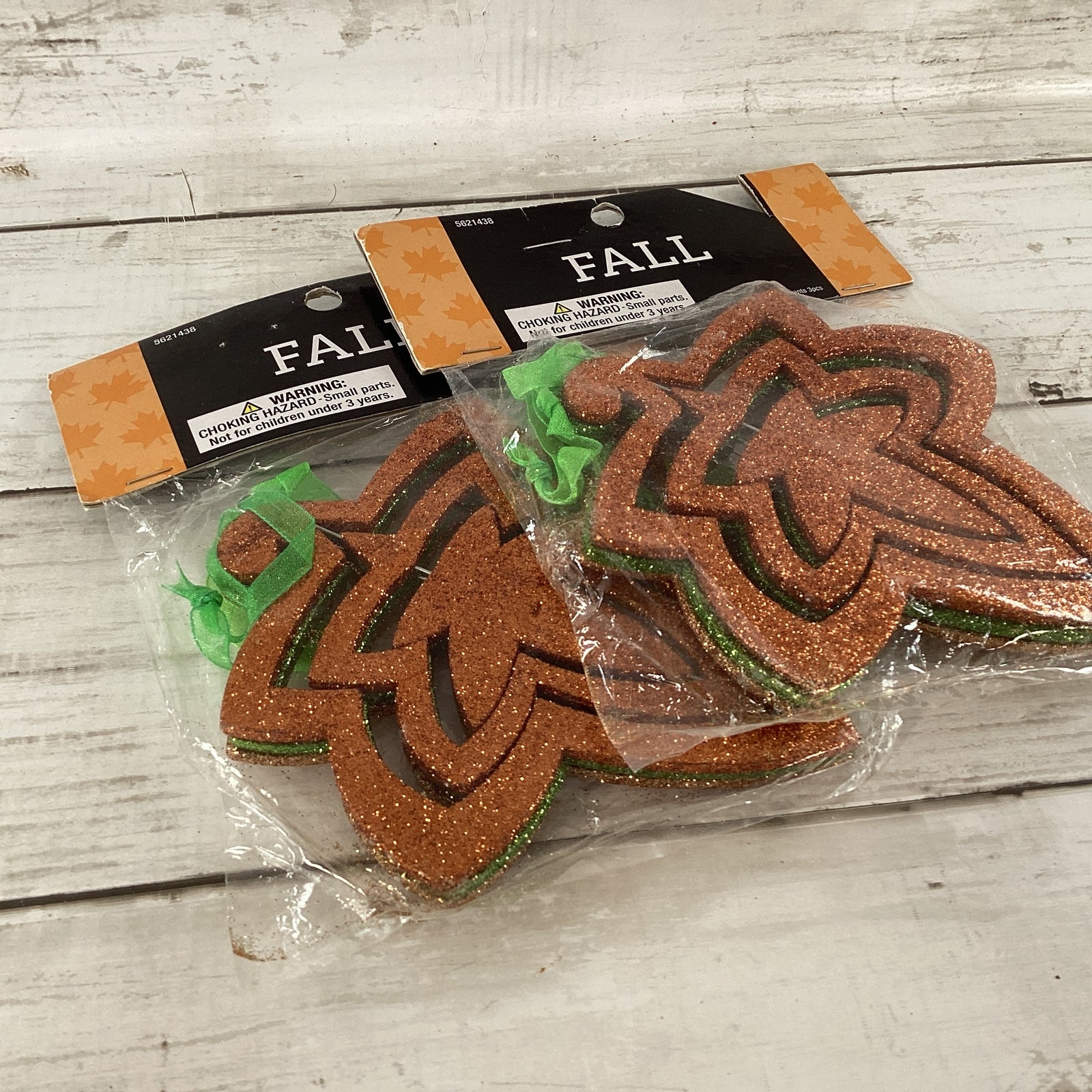 HL Glitter Green Rust Bronze Orange Leaf Leaves Ornaments 6pc Set