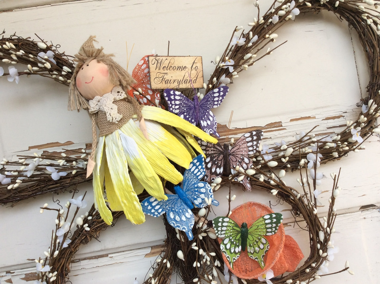 AGD Spring Decor - Fairyland Butterfly Pipberry Grapevine Wreath (WH YL)