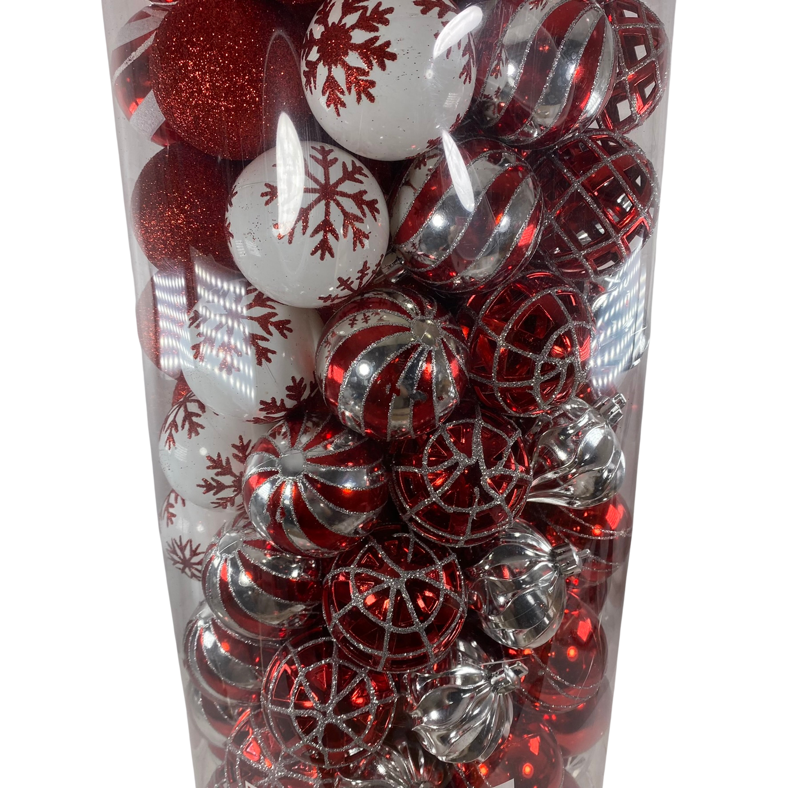 WM Christmas Decor - Assorted Red White Silver Plastic Ornament Bulbs 101 pc Set