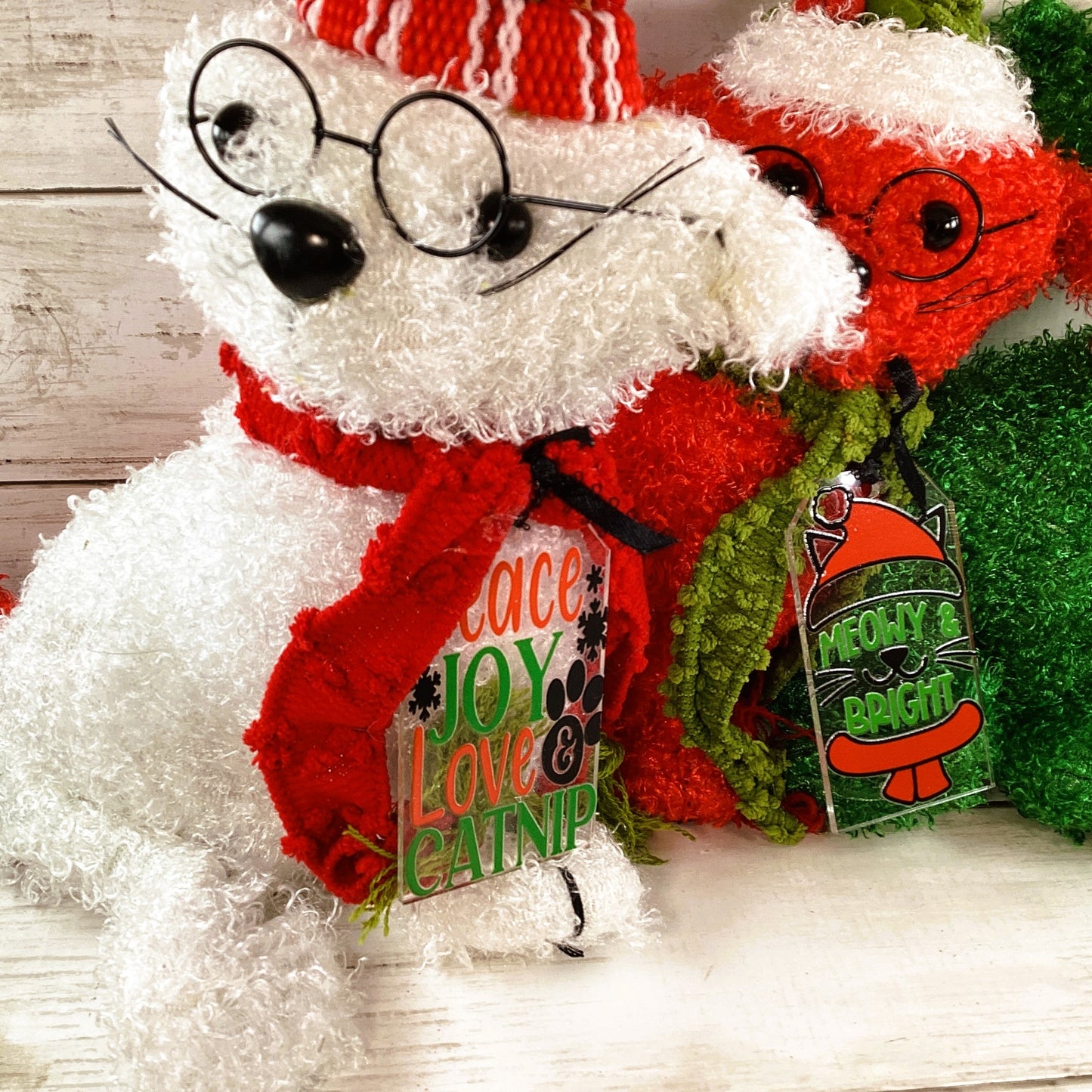 AGD Christmas Decor - Red Green White Fluffy Cat Sitters 3pc Set