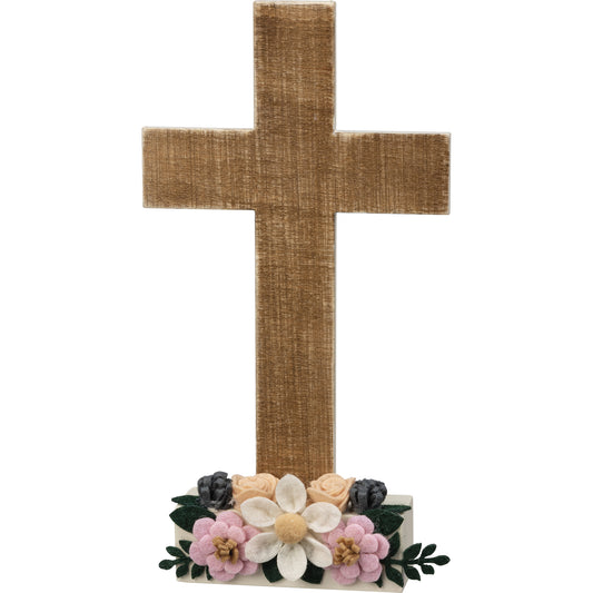 PBK Easter Decor - Stand-up Wood Cross with Felt Flowers Stand