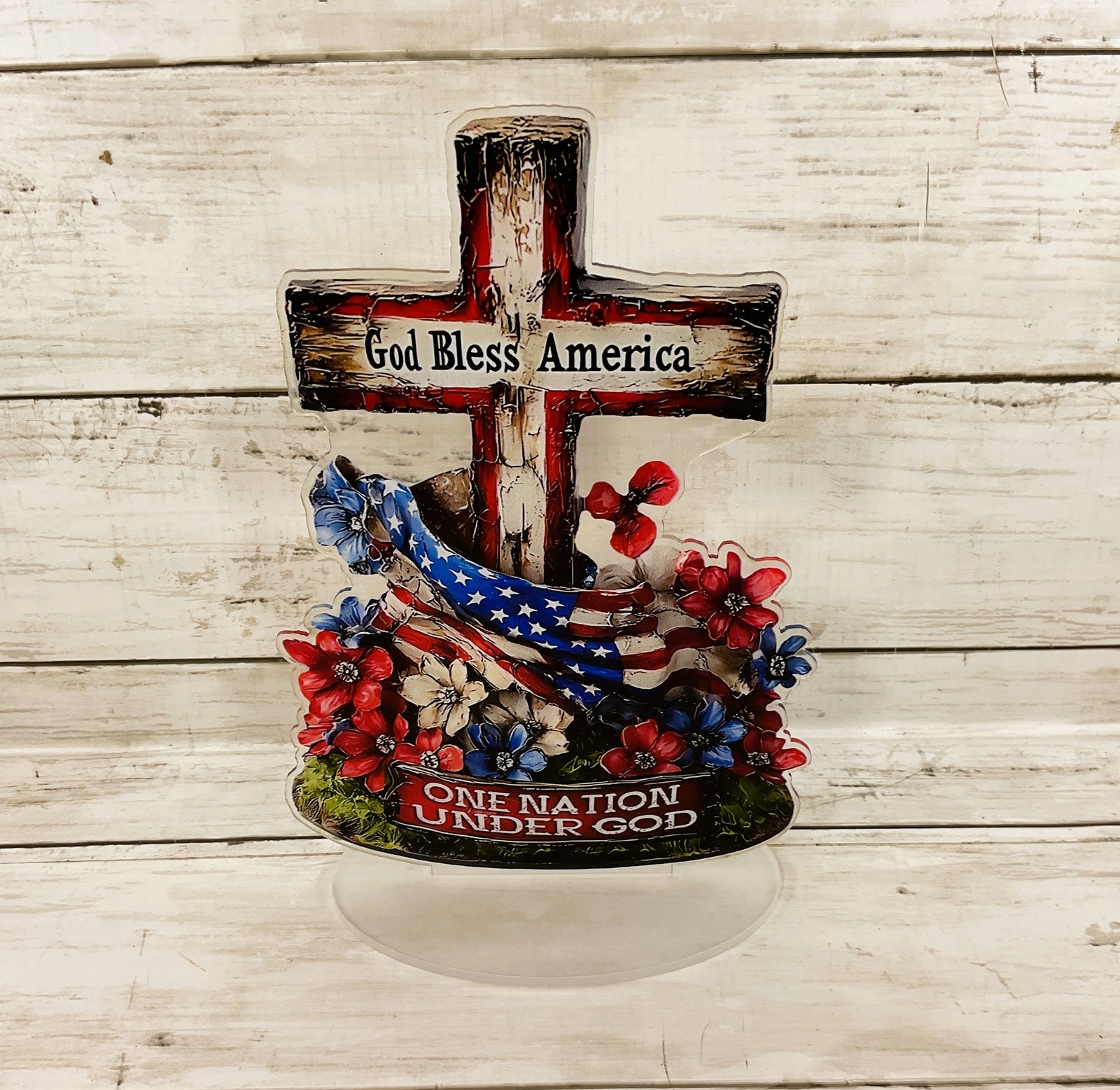 TM Patriotic Decor - Acrylic One Nation Under God God Bless Cross