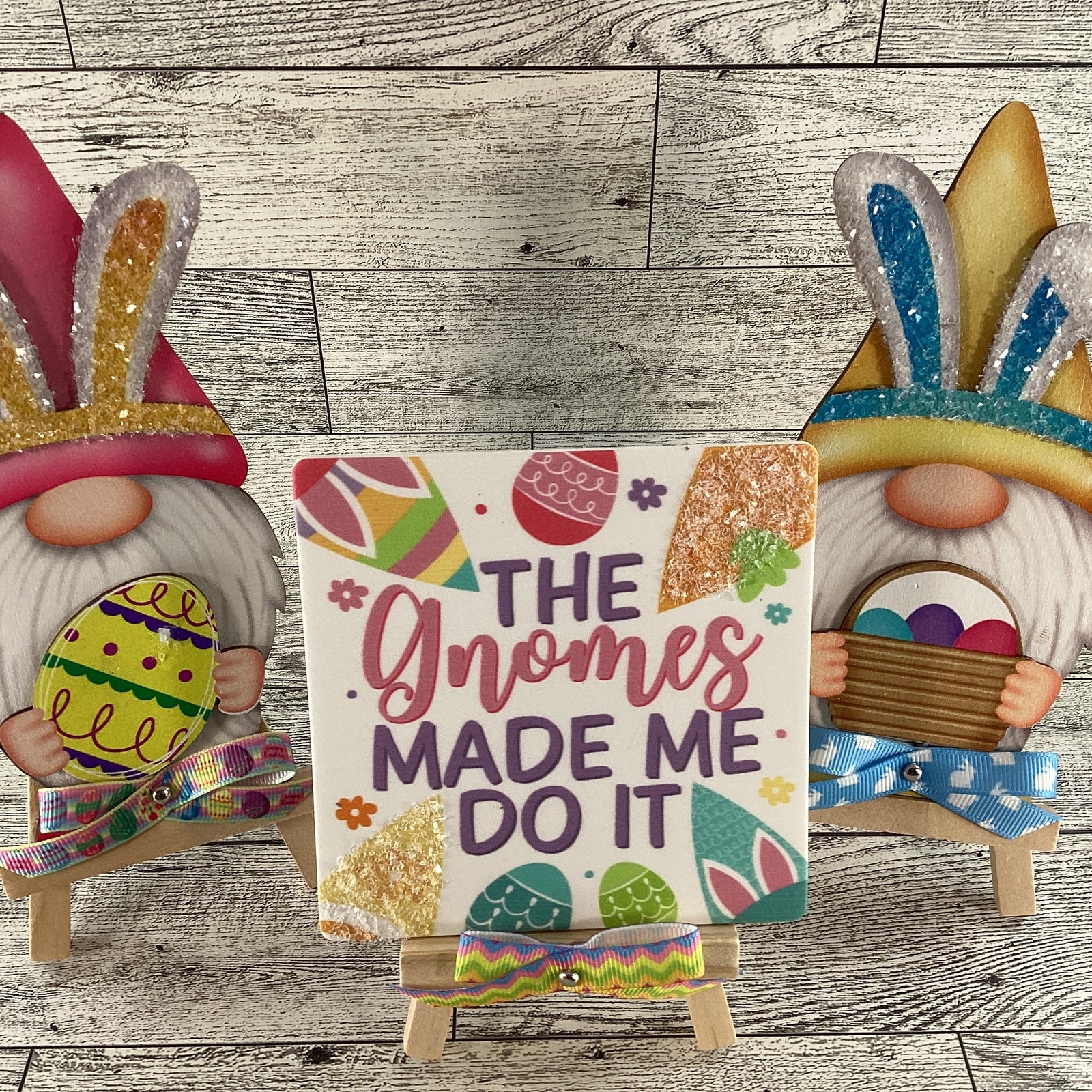 AGD Easter Decor - Wood Gnome Glitter Bunny Rabbit Tier Tray 3pc Set