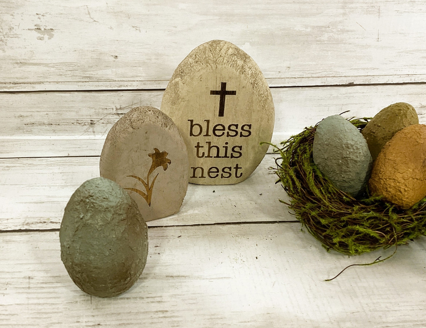 CWI Spring Decor - Bless This Mess Wood Eggs & Nest 8pc Set