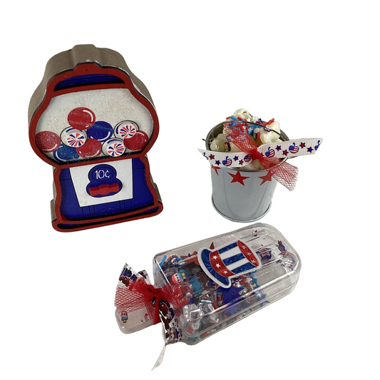 July 4th Gumball Machine Popsicle & Popcorn Shaker 3-Piece Set | Patriotic Farmhouse Summer Carnival Tiered Tray Decor